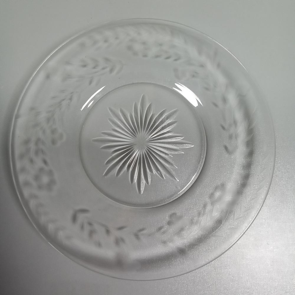Vintage Clear Etched Glass Bread Butter Plate Floral Starburst 6.25 Inch Round